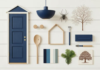 Top view of blue painted miniature door and various objects on white wooden surface, flat lay