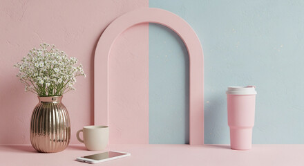 Pastel scene with arch, vase of flowers, cup, phone, and tumbler on a pink and blue background