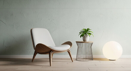 Minimalist interior design with armchair, side table, plant and lamp for a cozy living space