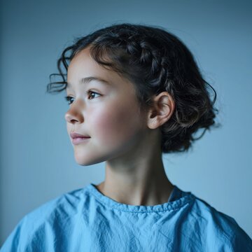 Young girl in blue top looking calmly