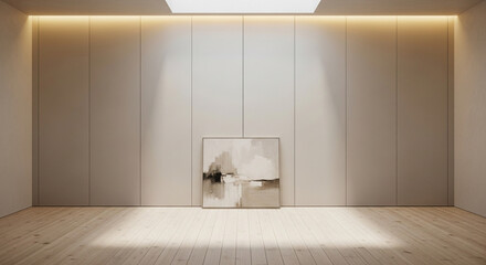 Minimalist interior with artwork and wooden floor illuminated by natural light from above
