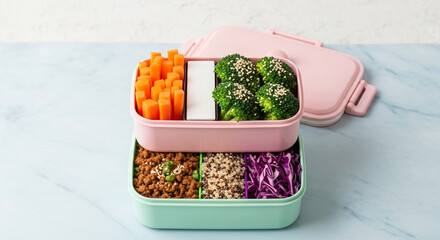 Healthy meal prep containers with fresh vegetables, protein, and grains for balanced nutrition