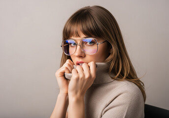 Portrait of a stylish young woman with glasses and a turtleneck sweater looking at camera