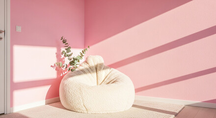 Cozy interior with bean bag chair, plant, and sunlight in a pink room, creating a peaceful atmosphere