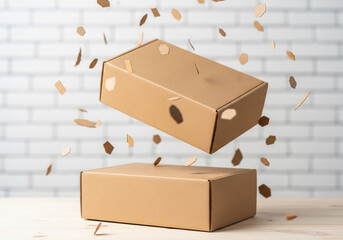 Two cardboard boxes with confetti falling around them, creating a festive and celebratory atmosphere