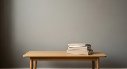 A stack of books on a wooden table against a gray wall, creating a minimalist and calm scene