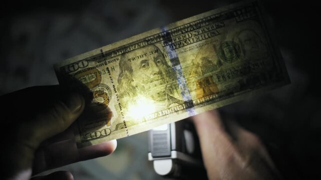 Hand holds one hundred dollar bill as flashlight inspects security thread, watermark portrait. Close-up view of currency authentication in dark, shadowy environment with lens flare from light source