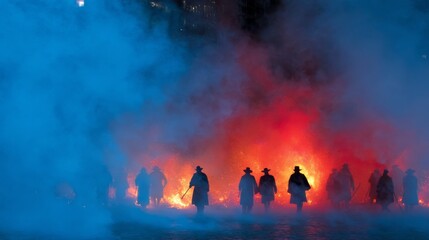 People Silhouetted by Fire