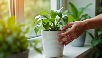 Indoor Plant Care with a Person Gently Nurturing a Green Potted Plant by the Window for Gardening Blogs, Home Decor Websites, Plant Enthusiasts, and Eco-Friendly Content