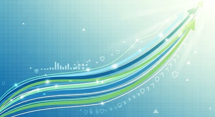 Abstract business growth concept featuring upwardtrending arrows and data charts on a blue background, symbolizing success, progress, and financial improvement