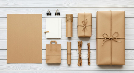 Top view of brown paper packages, stationery, and decorative elements on a white wooden surface