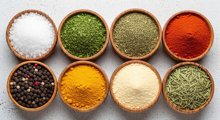 Overhead shot of various spices in wooden bowls, creating a colorful and aromatic culinary display
