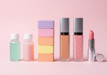 Cosmetic product and makeup set on pink background, beauty and fashion concept, copy space