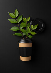 Top view of a coffee cup with a plant growing out of it, on a black background, with a lid nearby