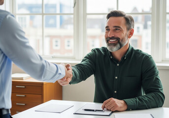 Businessmen shaking hands in an office, sealing a deal, with a window and desk in the background