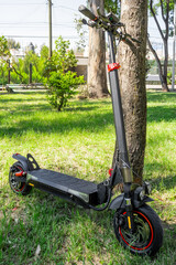Electric scooter parked near tree in sunlit grassy park setting, electric scooter concept