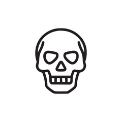A minimalist line drawing of a skull with empty eye sockets and teeth on a white background plain