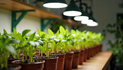 Indoor Plant Care with Row of Potted Greenery Under Grow Lights for Gardening Blogs, Home Decor Websites, Plant Enthusiast Content, and Indoor Gardening Awareness