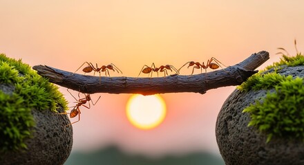 Teamwork: Ants Crossing a Bridge at Sunset