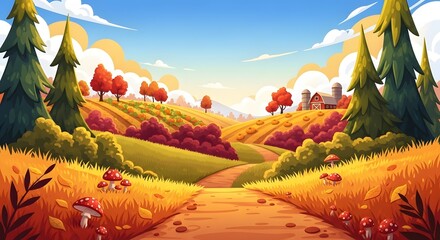 Cartoon autumnal farm landscape with rolling hills, pumpkin fields, and a red barn. Thanksgiving, harvest, or children's nature scene. Scenic pathway leading through orange and yellow fields