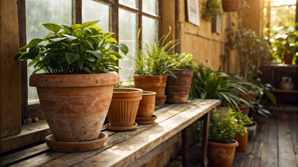 Indoor Plant Care with Rustic Terracotta Pots on Wooden Shelves for Home Decor Blogs, Gardening Websites, and Eco-Friendly Lifestyle Articles