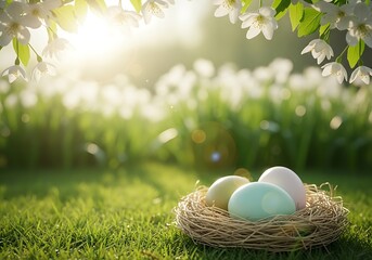 Spring Easter Eggs in Nest on Grass with Blooming Flowers