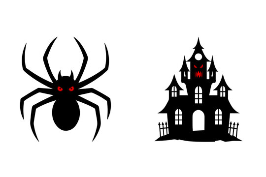 Set of two spooky Halloween silhouettes: a black spider with glowing red eyes and a haunted house with ominous red windows, conveying eerie, festive, and traditional holiday graphics