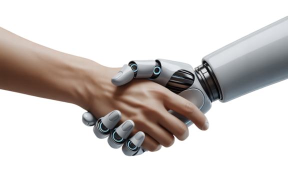 Human and ai collaboration concept handshake between robot and human hand future technology deal Transparent background