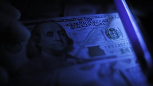Close shot hand holding a one hundred dollar bill while scanning it with a blue UV light for counterfeit marks. The ultraviolet lamp moves across the banknote, checking its authenticity in dark room