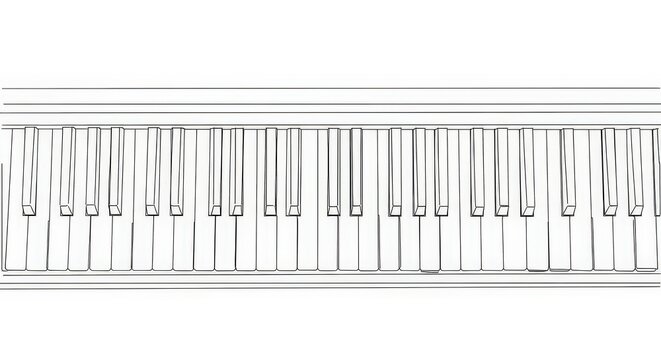A detailed line drawing of a piano keyboard, showcasing the white and black keys in perspective.