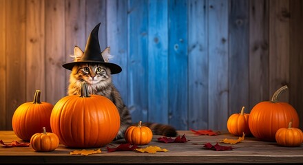 Halloween Cat with Witch Hat and Pumpkins Still Life