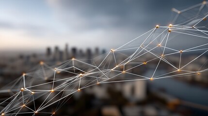Digital lines and markers create a network effect over the bustling city skyline, showcasing modern technology's influence