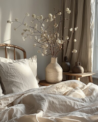 Soft sunlight fills a peaceful bedroom with a neatly made bed dressed in light linens. A simple vase of fresh flowers sits on a wooden nightstand, enhancing the calming vibe