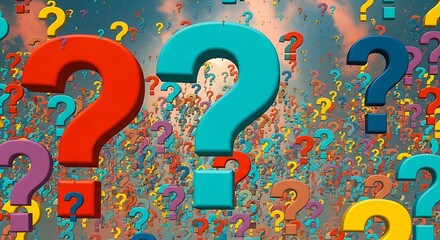 A vibrant and colorful background featuring a multitude of question marks in various sizes and colors perfect for illustrating concepts of uncertainty or inquiry