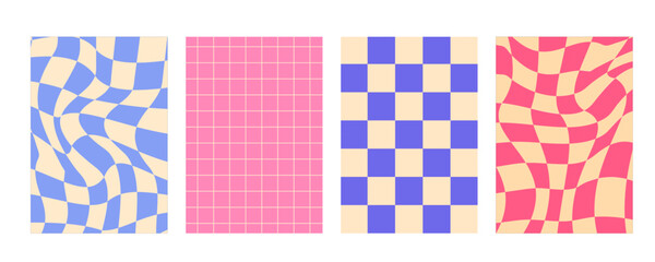 Groovy checkered pattern, colorful tiled grid. Vintage wavy curved backdrop, distortion effect. Funky geometric chessboard texture, retro background in 90s style, y2k. Vector illustration