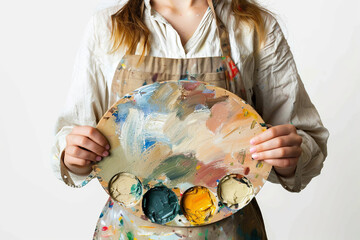 Woman artist holding colorful artist palette against plain background. The paint palette shows potential to generate great art.