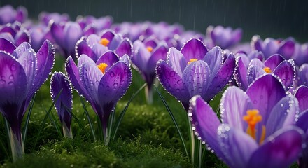 Purple Crocuses in the Rain ? Spring Blooms, Water Droplets