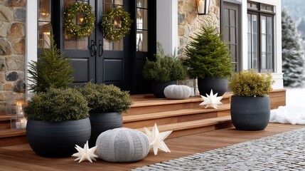 Holiday decorations featuring gold stars and lush plants are arranged along a quaint street, inviting warmth and cheer to passersby
