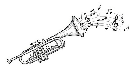 A hand-drawn black and white illustration of a trumpet with musical notes flowing out of its bell.