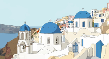 Naklejka premium Charming Greek Village With Blue Domed Churches And Whitewashed Buildings