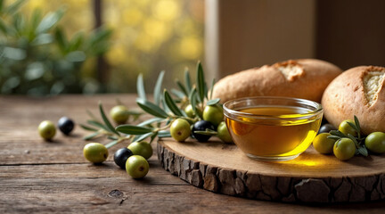 Golden olive oil with green and black olives on rustic wooden table