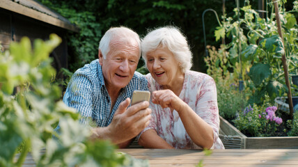 Senior couple filming reaction video outdoors in garden with smartphone and tripod, casual vertical format for authentic lifestyle vlog