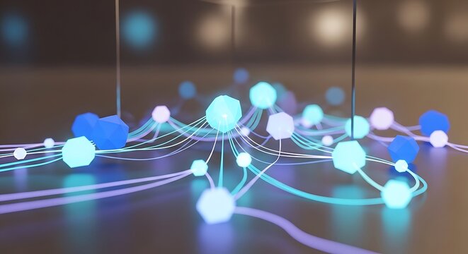 A network of interconnected nodes and lines, symbolizing communication, connection, and data flow in a modern technological context