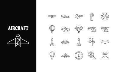 Explore air travel with this versatile collection of modern aircraft icons ready for your design needs featuring planes, rockets, and wind turbine designs