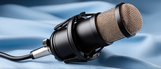 A golden microphone is positioned against a soft blue background, displaying sound waves, ideal for recording and audio production