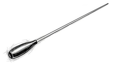 A detailed black and white sketch of a conductor's baton with a bulbous handle, shown at an angle on a white background.
