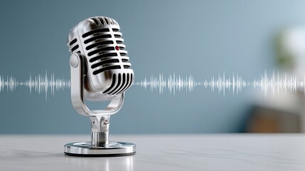 A golden microphone is positioned against a soft blue background, displaying sound waves, ideal for recording and audio production