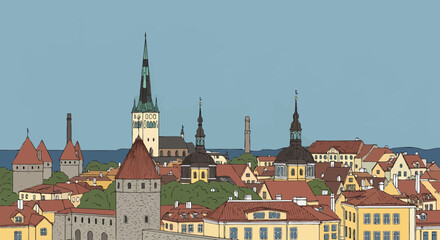 Fototapeta premium Scenic Skyline Of Old Town In Tallinn With Cartoon Style