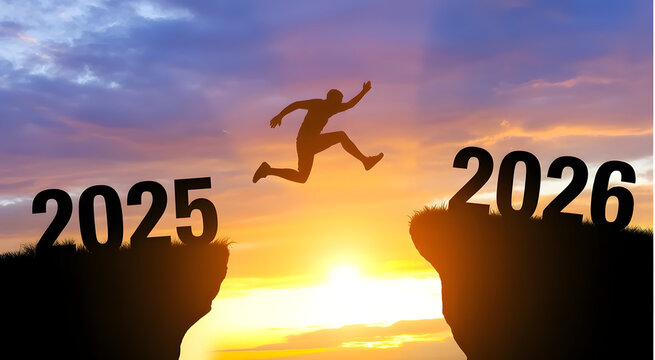 Welcome merry Christmas and Happy new year in 2026. Man jumping across the gap from 2025 to 2026 cliff with Sunset and Twilight Sky background.
