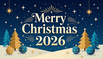 Fototapeta premium Merry christmas 2026 holiday season greeting card background with christmas trees and ornaments celebration